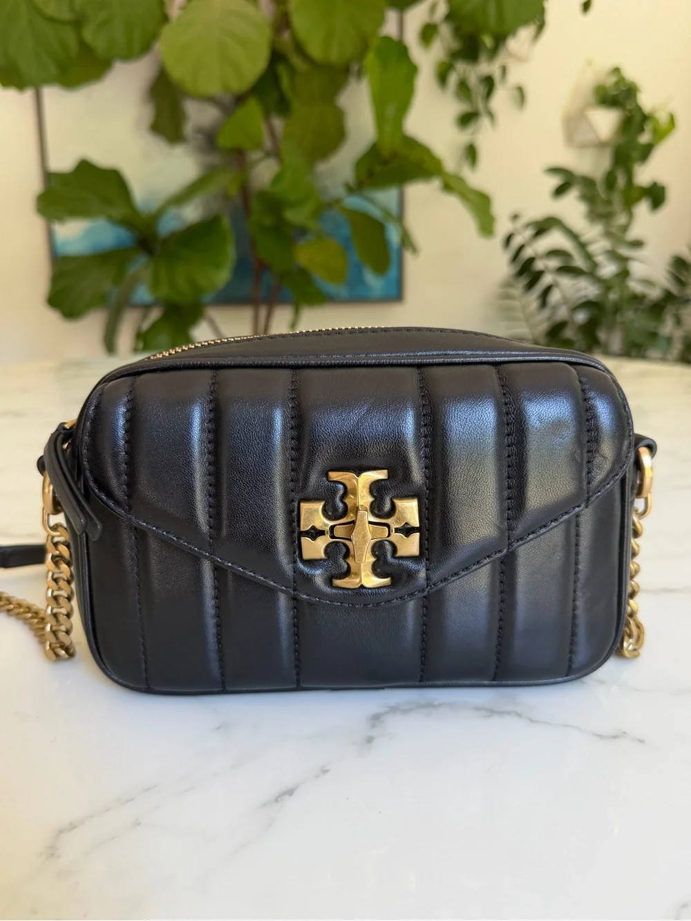 Tory Burch Kira Quilted Leather Mini Camera Crossbody Bag Black / Gold